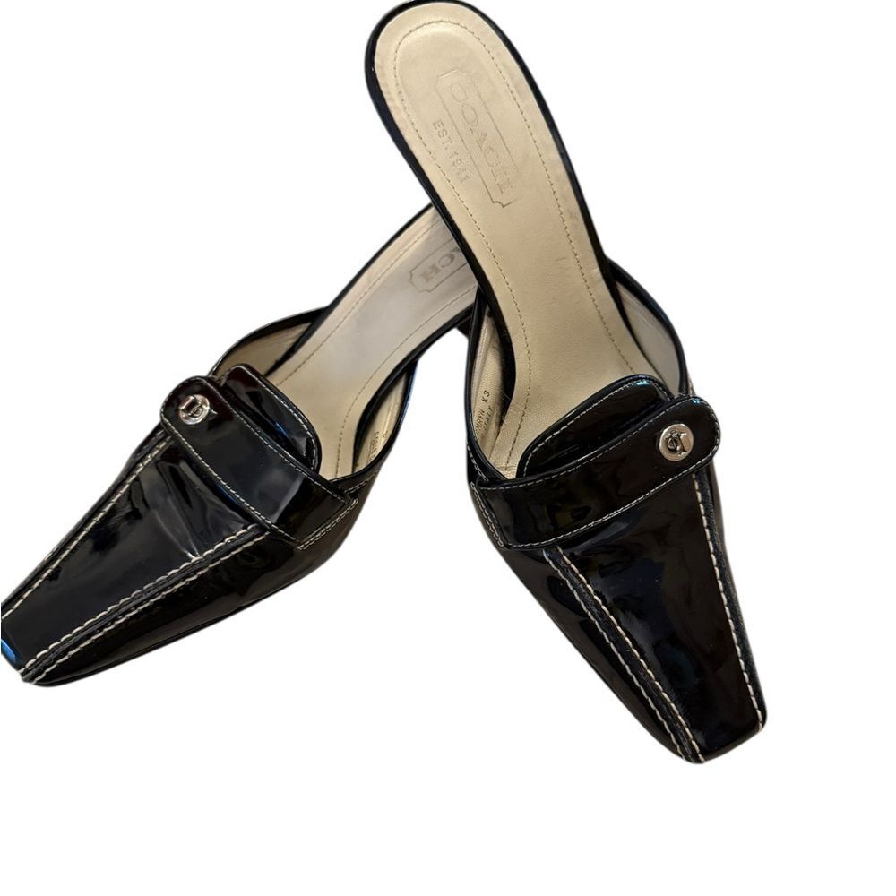 Coach Shiny Black Mules with Stitch Detail